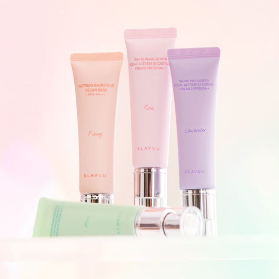 Klavuu White Pearlsation Ideal Actress backstage face primer in a 30ml tube, featuring a sleek white design and three color options.