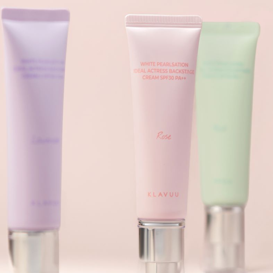 Klavuu Pearlsation Ideal Actress Backstage Cream face primer in white, 30ml, with three color options visible in the image.