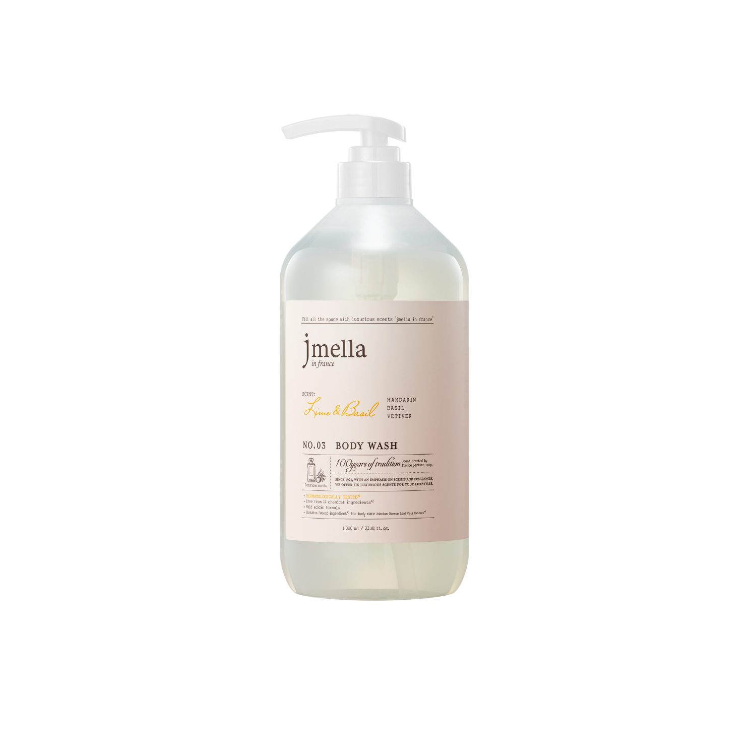 Jmella France Lime & Basil Body Wash and Scrub bottle with lime and basil scent, featuring a sleek design and product label.