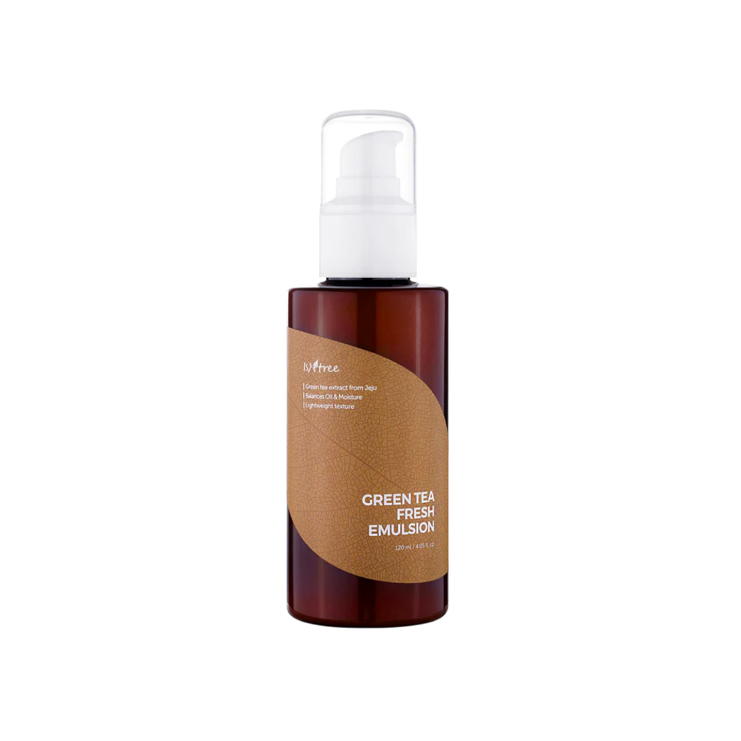 Isntree Green Tea Fresh Emulsion face moisturizer in a 120mL bottle, featuring a light, green-tinted texture for hydration.