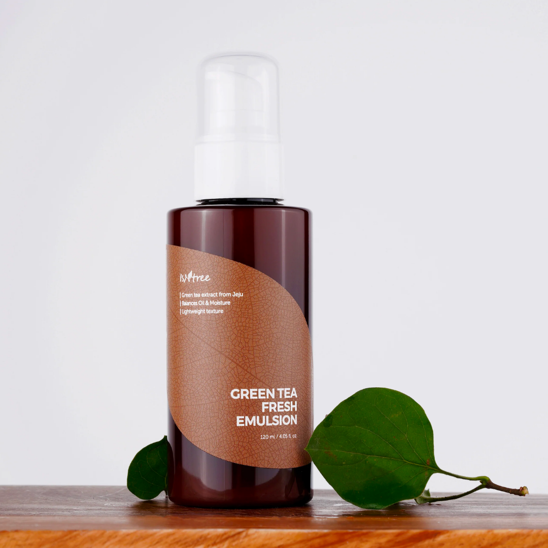 Isntree Green Tea Fresh Emulsion face moisturizer bottle, 120mL, with green tea extract for hydrating skin.