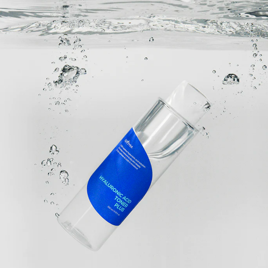 Isntree Hyaluronic Acid Toner Plus 200 mL in a clear bottle, showing the transparent liquid and label with product details.