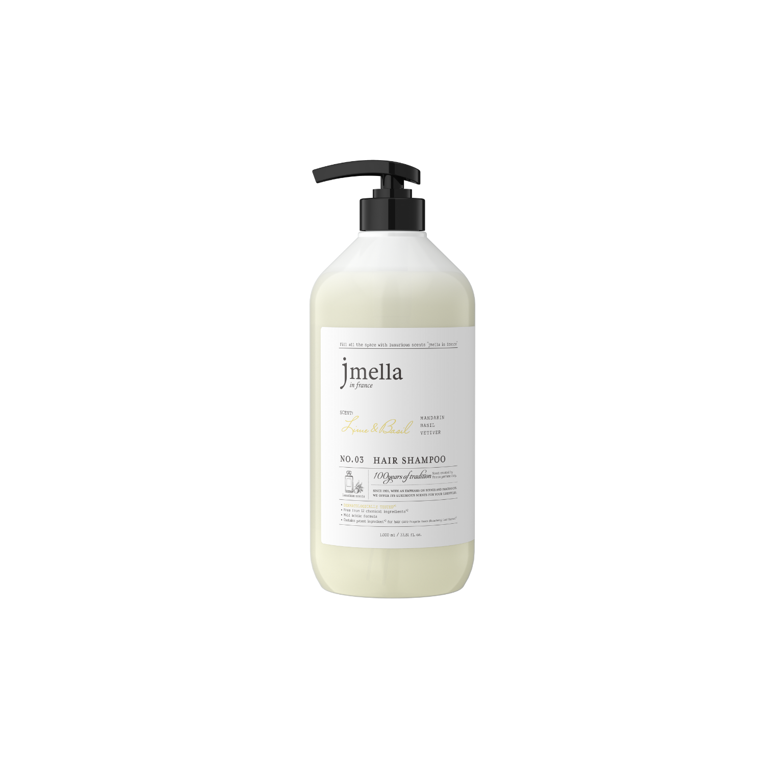 Jmella lime and basil hair shampoo bottle with green and white label, showcasing fresh ingredients and natural styling.