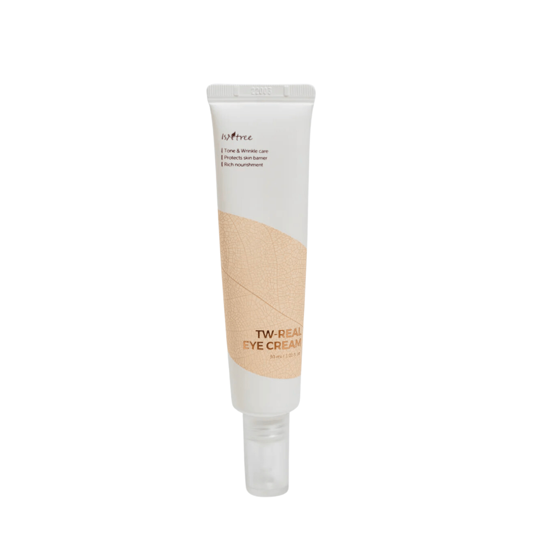 Isntree Tw-Real Eye Cream 30mL jar showing the sleek packaging and applicator tip for nourishing eye skin.