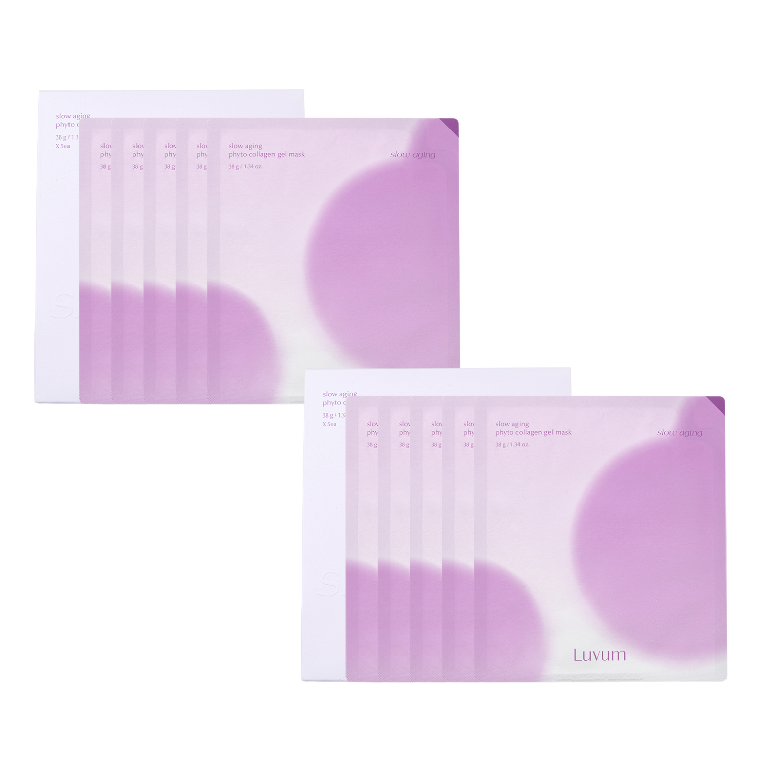 Luvum Slow Aging Phyto Collagen Gel Mask bundle with two skincare masks in clear packaging, designed to reduce aging signs.