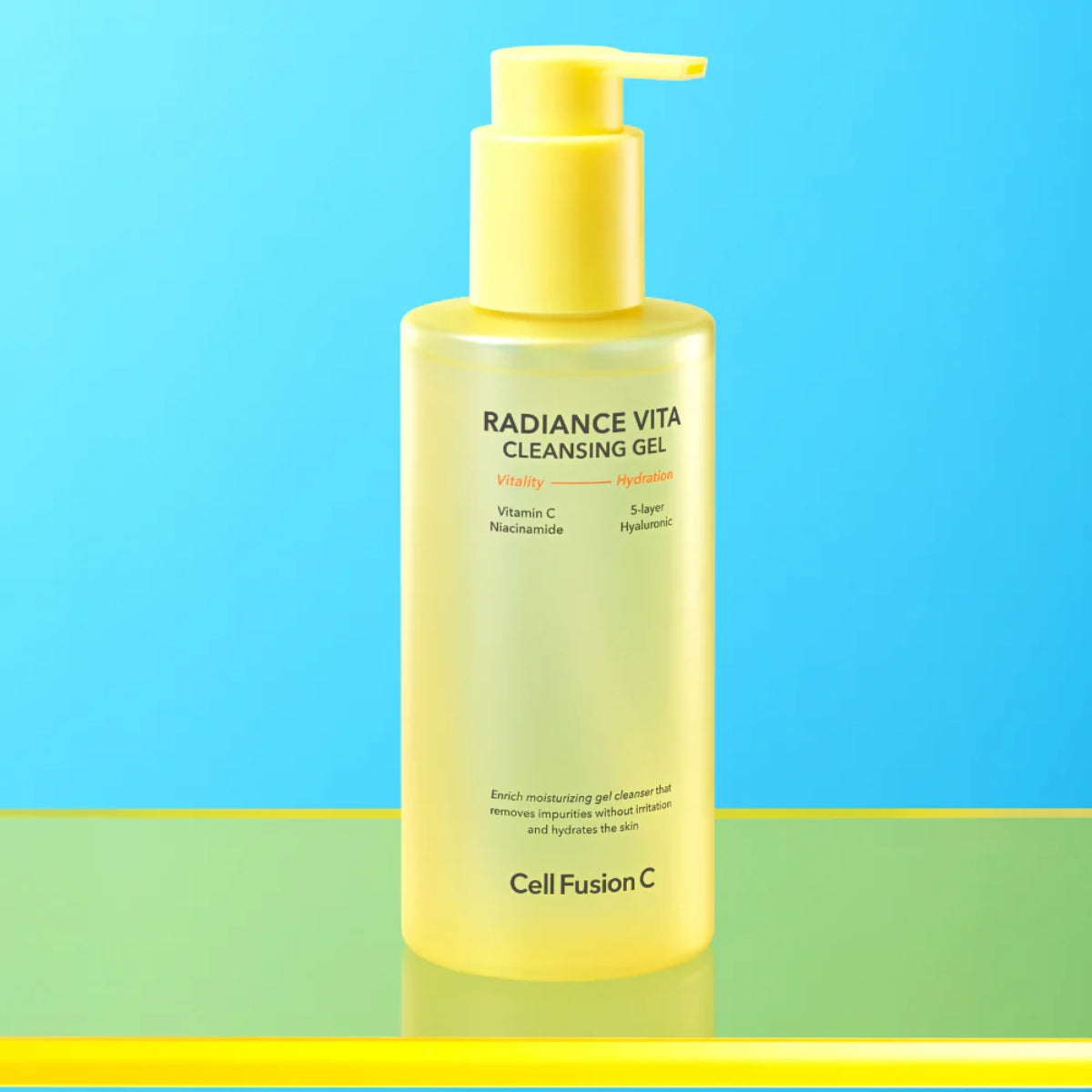 Cell Fusion C Radiance Vita Cleansing Gel 200ml with gel and foam texture, featuring a clear bottle with blue and white label.