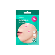 Beplain Cicaterol Spot Patch 22 patches for acne and blemish treatment, shown on skin with clear, adhesive patches.