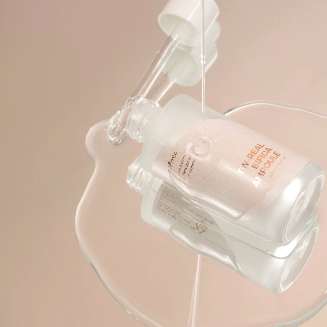 Isntree Tw-Real Bifida Ampoule 50mL in a clear glass bottle with a dropper applicator, designed for skincare hydration and repair.