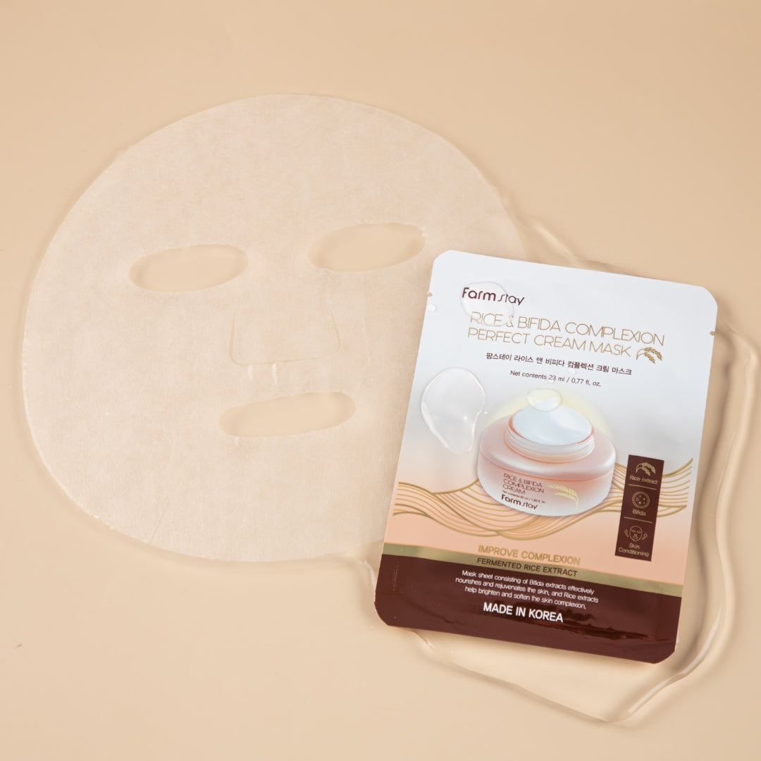 Farmstay Rice & Bifida Cream Sheet Mask box with 10pcs, showing individual mask packaging and nourishing skincare benefits