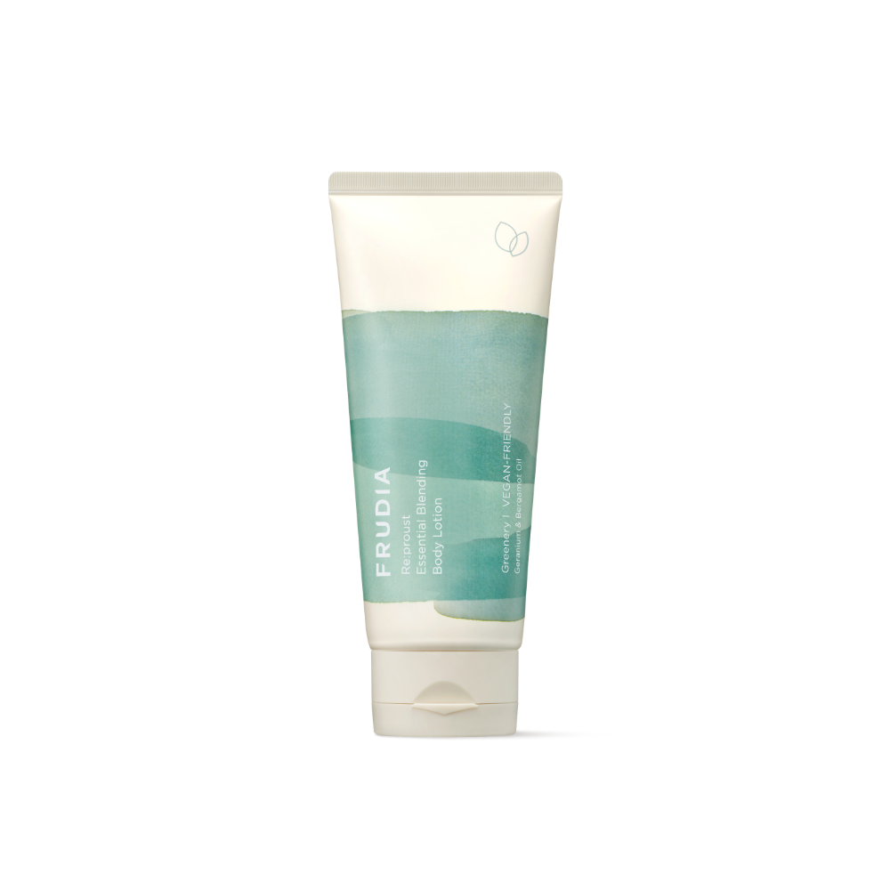 Frudia Re:proust Essential Blending Body Lotion Greenery 200ml bottle with green botanical label and pump dispenser.