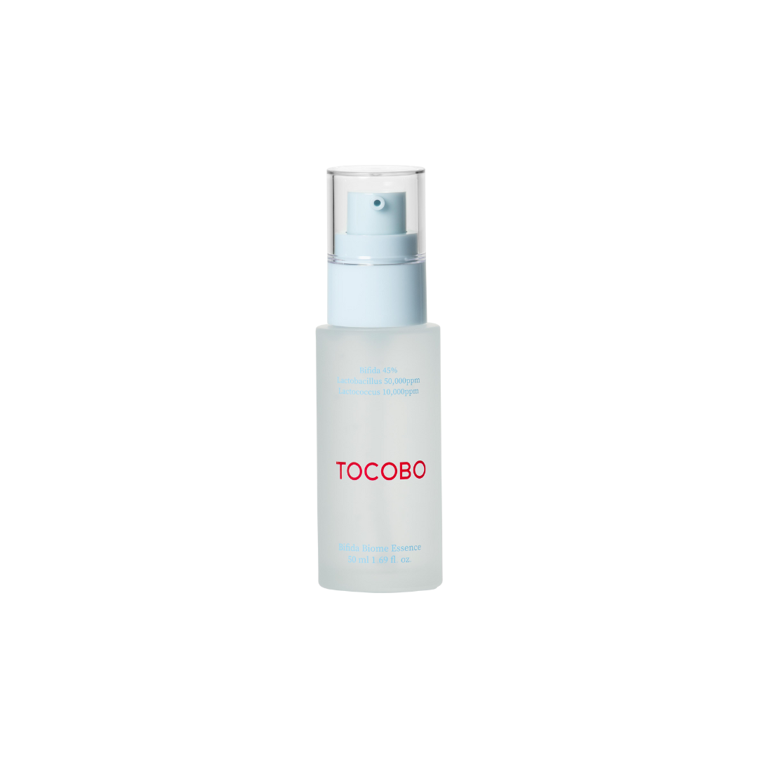 TOCOBO Bifida Biome Essence 50ml bottle with clear liquid and minimalist label, showcasing skincare product.