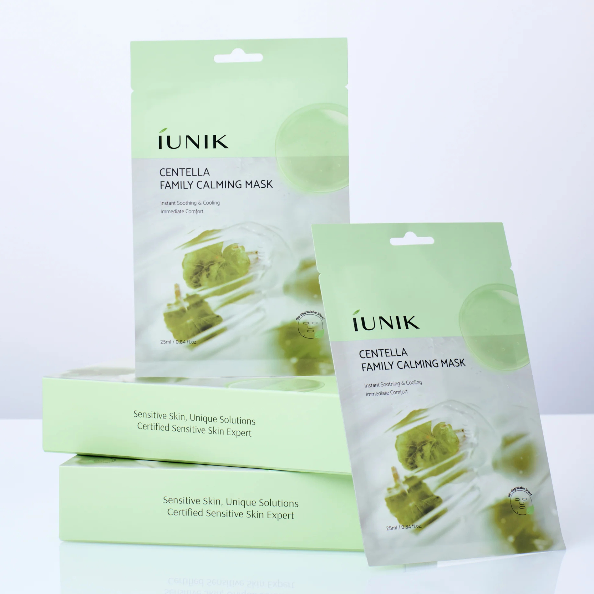 iUNIK Centella Family Calming Mask box with 10 sheet masks, featuring soothing skincare for sensitive skin, displayed in the image.