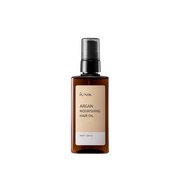 iUNIK Argan Nourishing Hair Oil 100ml bottle, conditioner and treatment, with golden oil and sleek packaging visible.