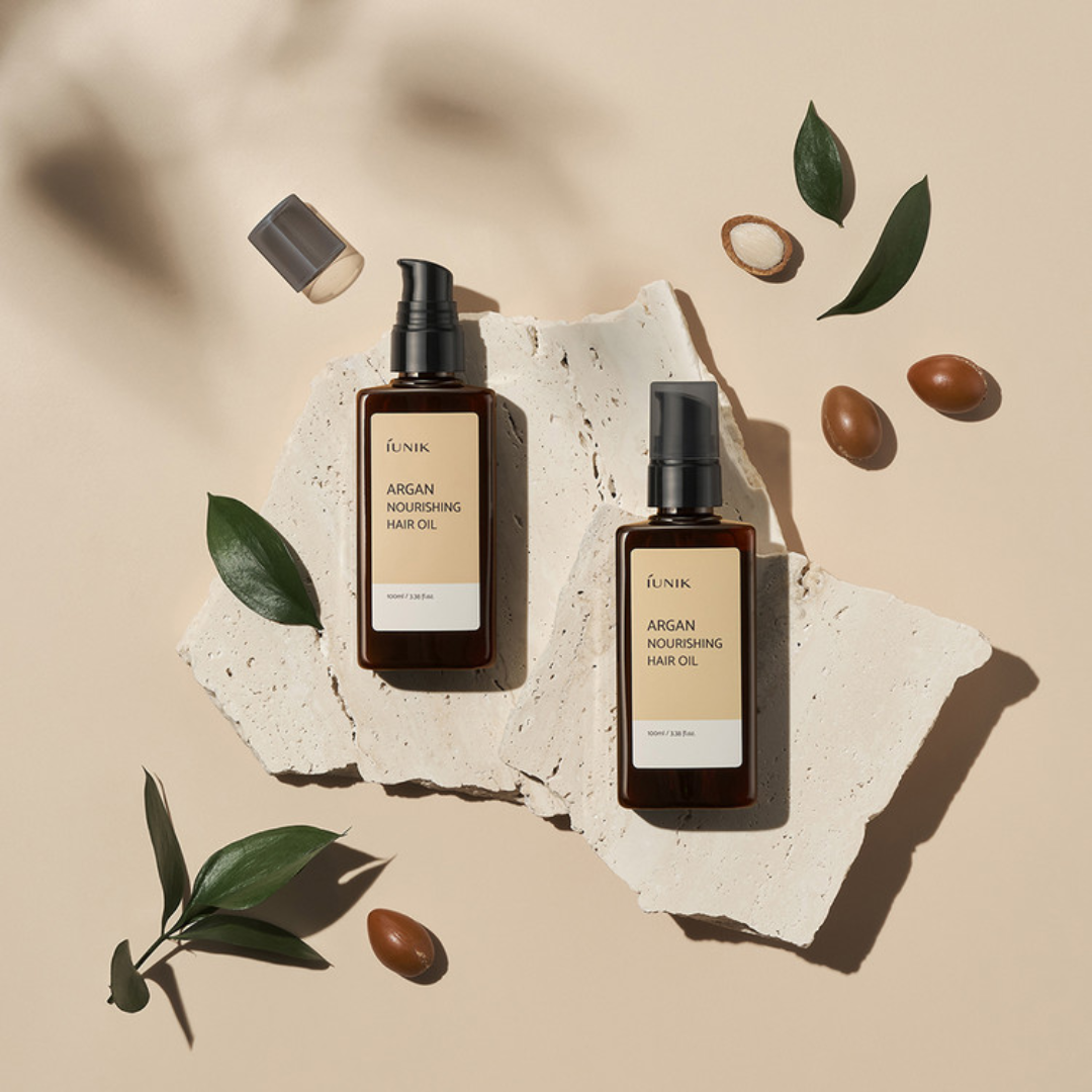 iUNIK Argan Nourishing Hair Oil 100ml bottle, natural treatment for shine and damage repair, conditioner and hair treatment product.