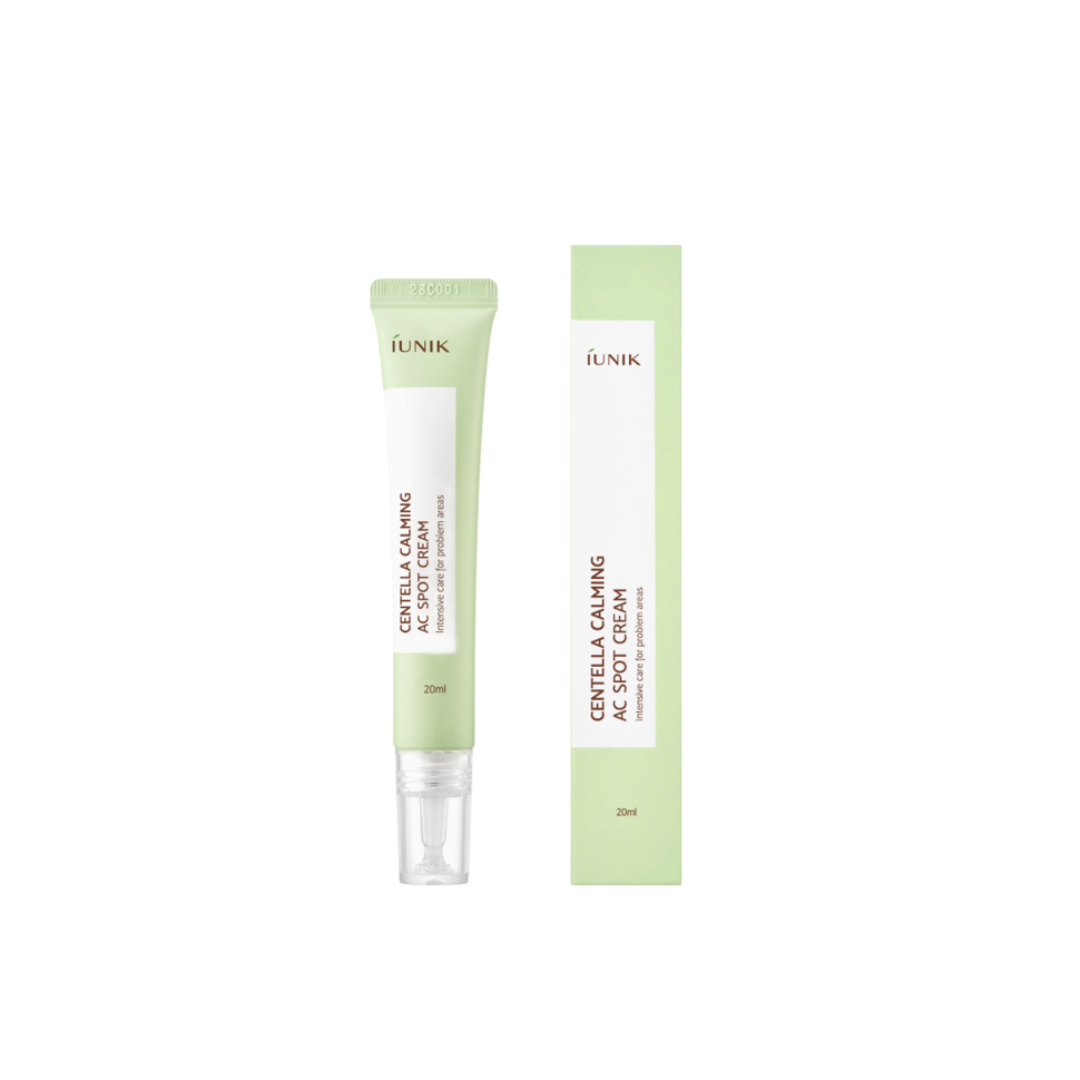 iUNIK Centella Calming AC Spot Cream 20ml tube with white and green label, designed for reducing acne spots and redness.