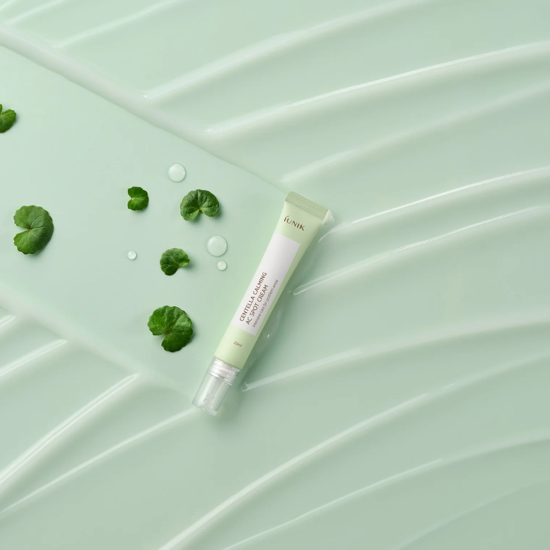 iUNIK Centella Calming AC Spot Cream 20ml tube, soothing skincare for acne spots and skin irritation, with natural ingredients.