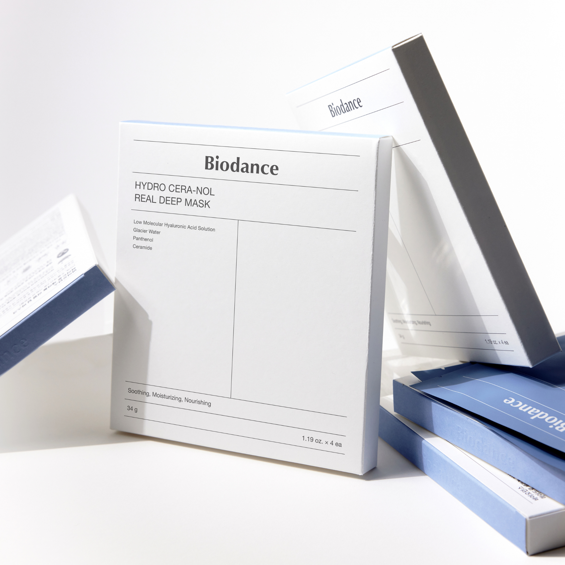 Biodance Hydro Cera-nol Real Deep Mask sheet masks in a box, showing four individual sheet masks with skincare packaging.
