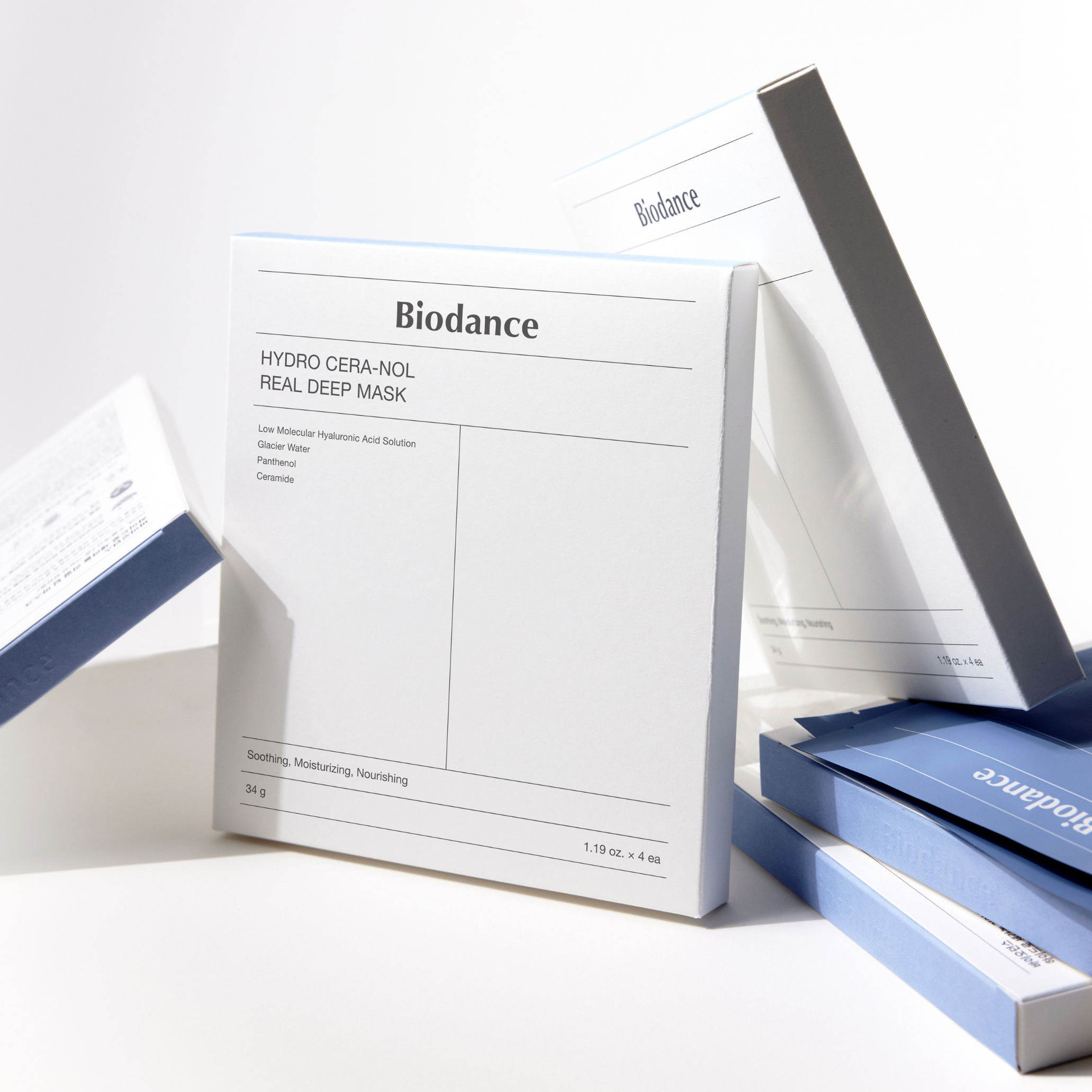 Biodance Hydro Cera-nol Real Deep Mask sheet masks in a box, showing four individual sheet masks with skincare packaging.