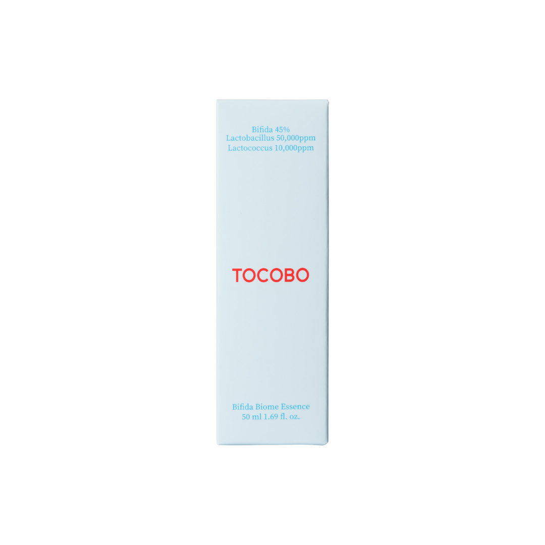 TOCOBO Bifida Biome Essence 50ml bottle showing the clear liquid inside and sleek packaging, designed for skin revitalization and hydration.