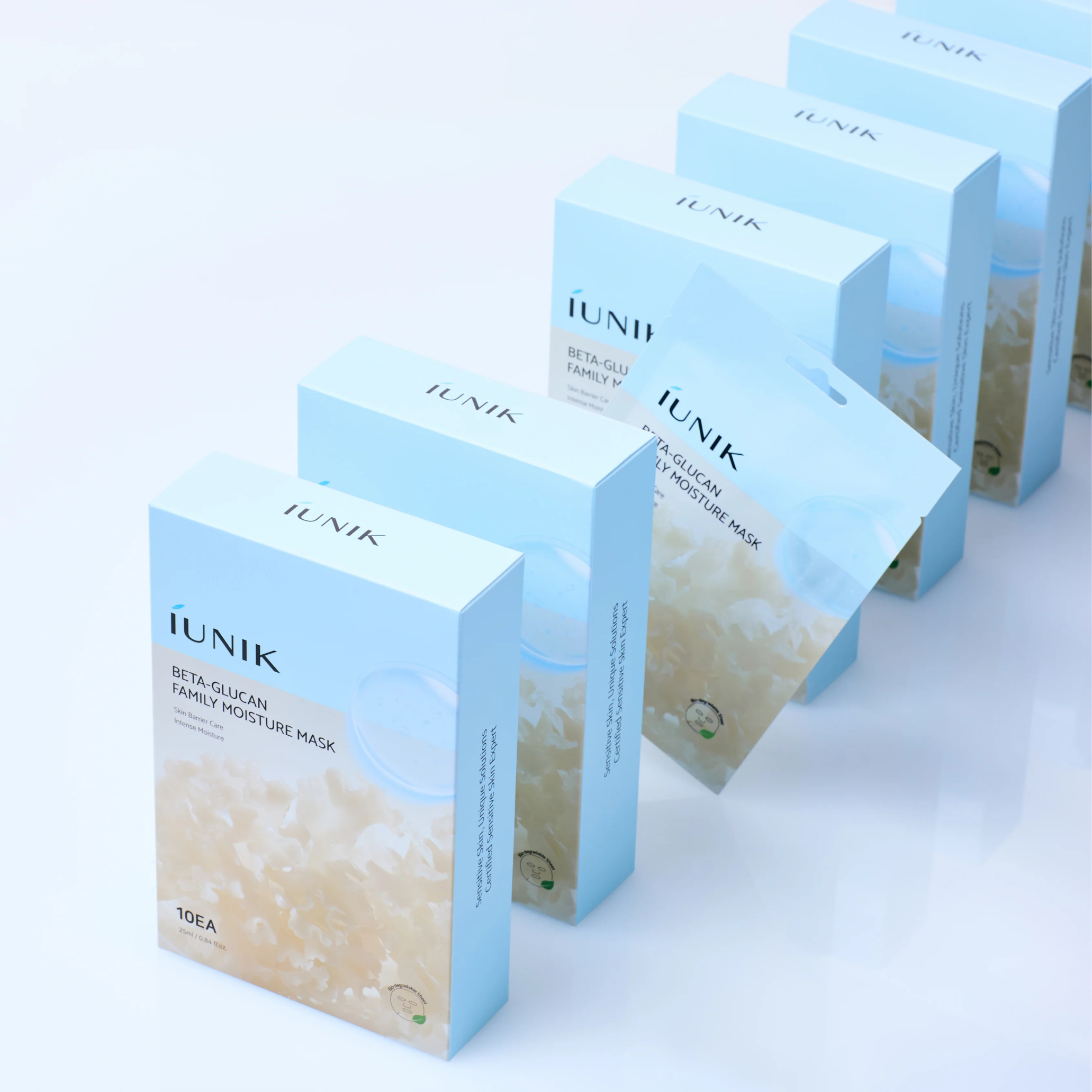 iUNIK Beta Glucan Family Moisture Mask sheet masks in a box, featuring 10 sheet masks with hydrating and skin-soothing ingredients.