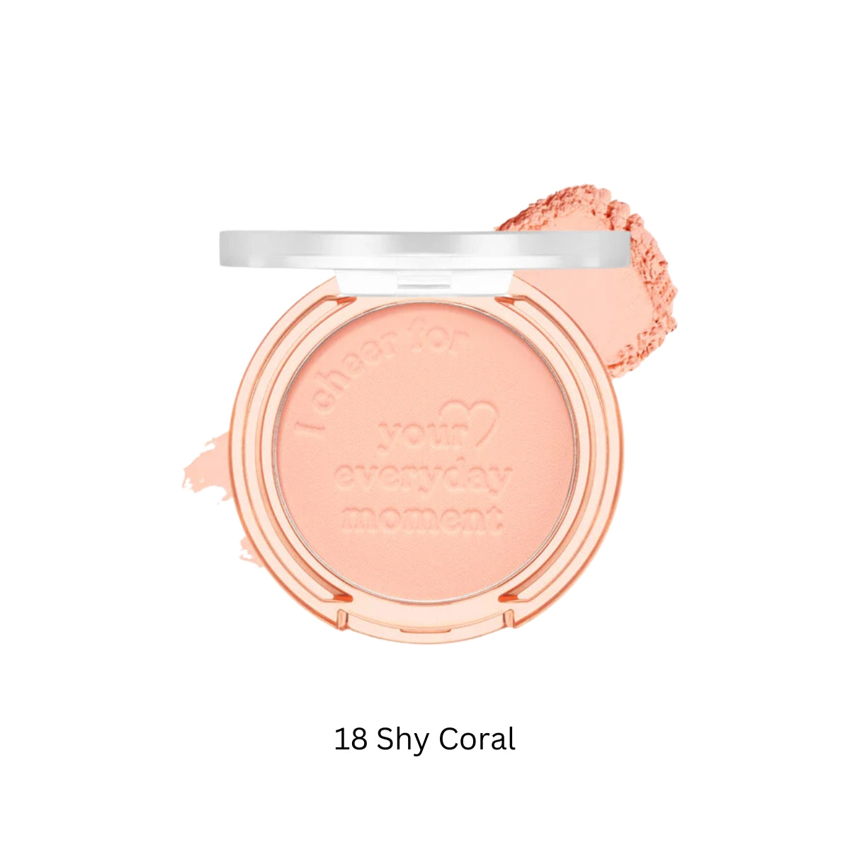 Peripera Pure Blushed Sunshine Cheek blush in Shy Coral, showcasing the vibrant coral-colored powder in a compact.