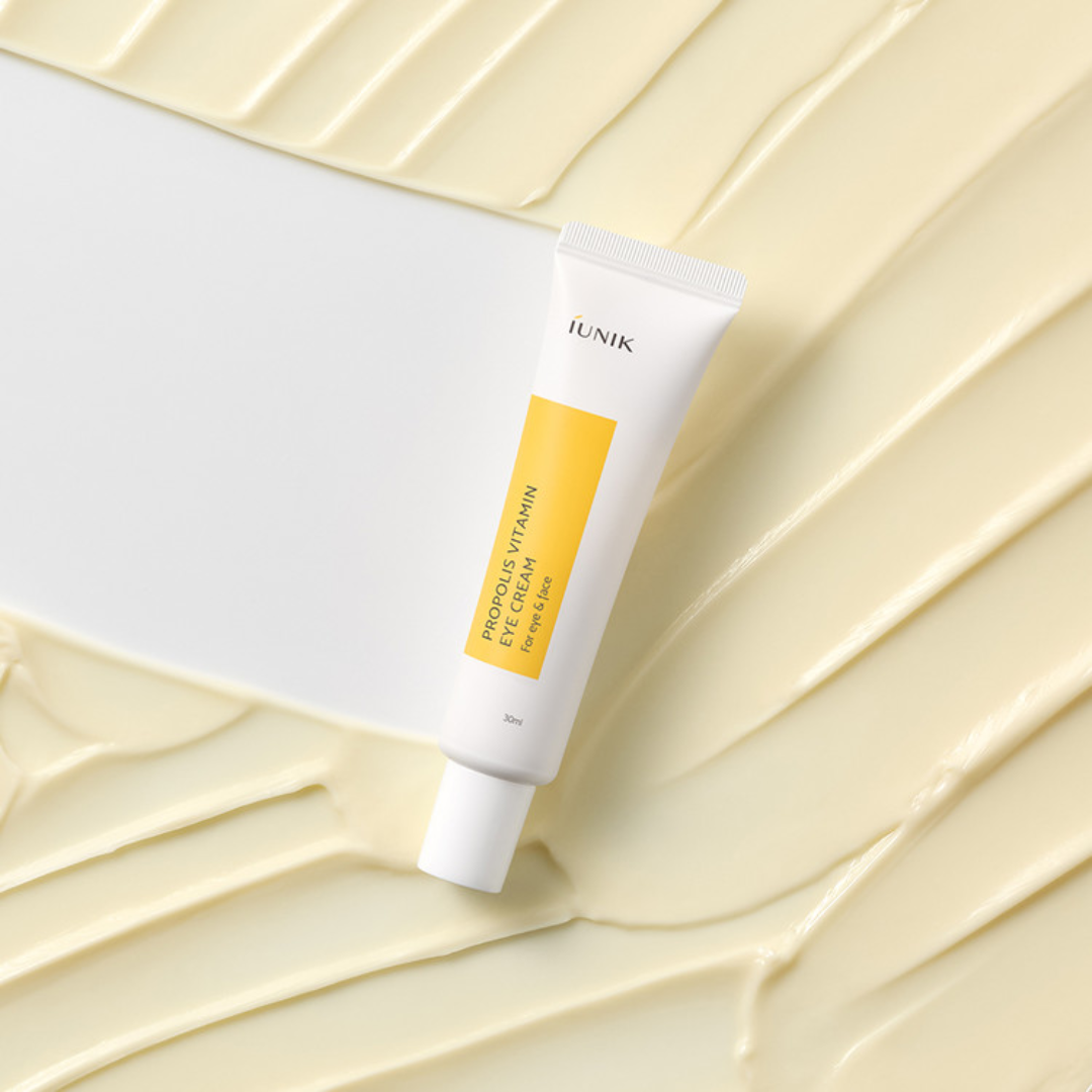 iUNIK Propolis Vitamin Eye Cream in a 30ml jar, showing the eye cream product with a smooth, creamy texture and packaging.