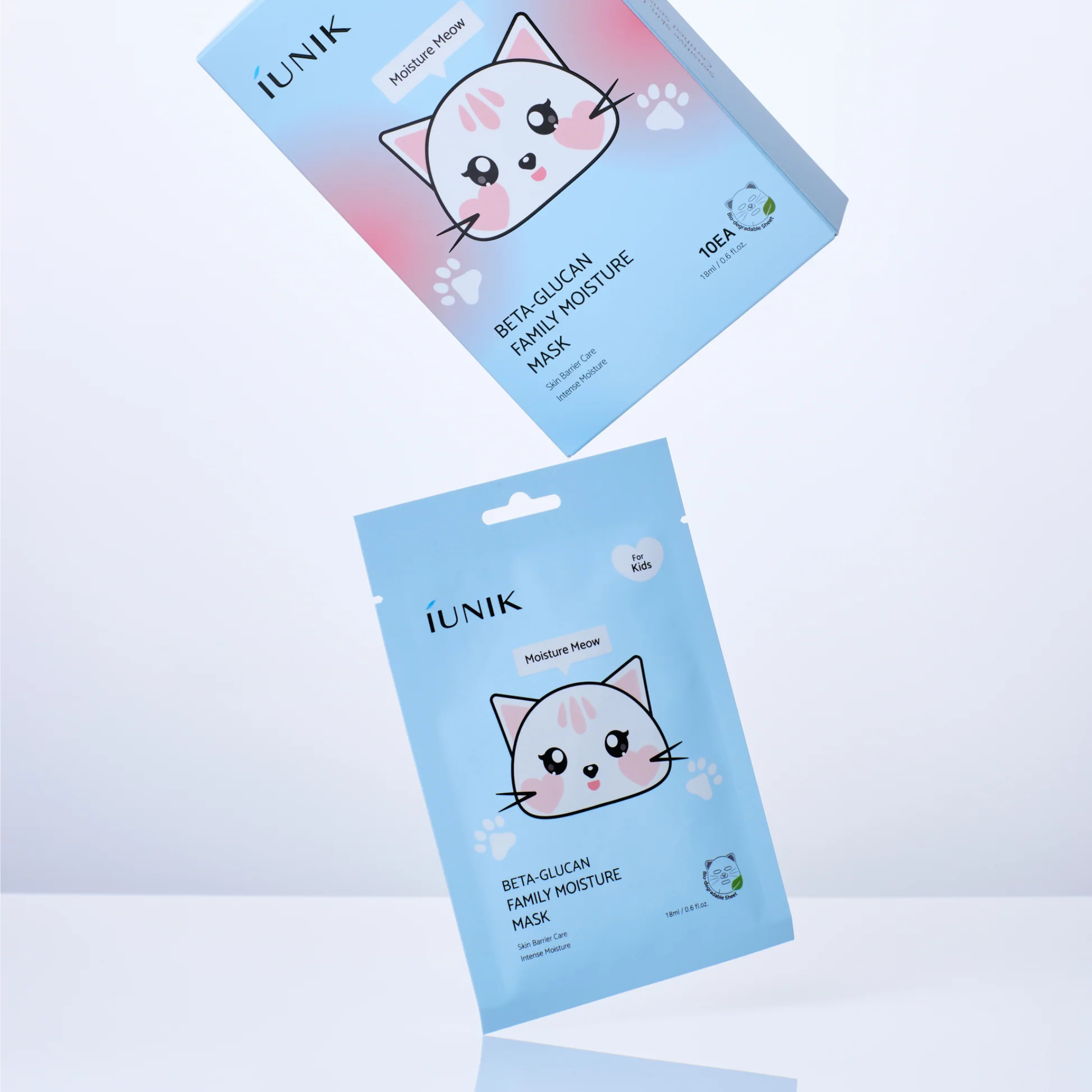 iUNIK Beta Glucan Family Moisture Mask sheet masks for kids, featuring nourishing skincare in a box of 10 pcs.