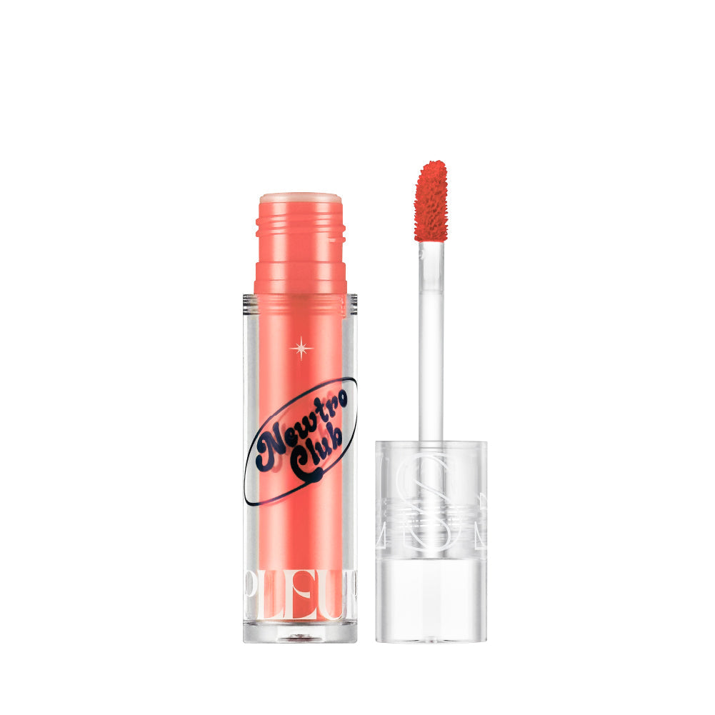 Too Cool For School Newtro Club Pleur Tint lip tint in a sleek tube with swatch showing vibrant color and smooth texture.