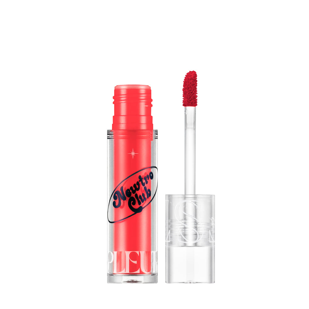 Too Cool For School Newtro Club Pleur Lip Tint in vibrant red, displayed with the open tube showing the product's glossy finish.