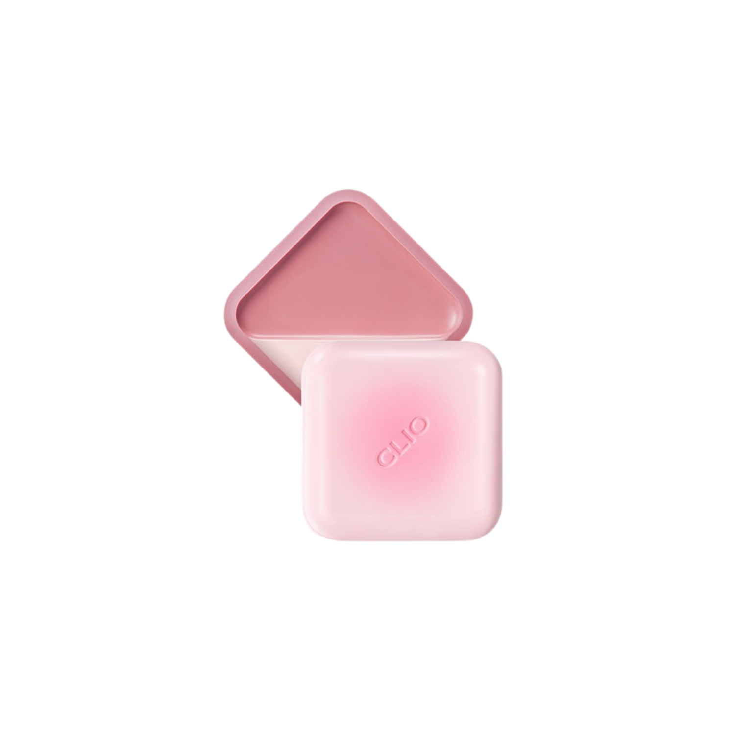 Clio Essential Lipcheek Tap blush in a soft pink shade, showing the compact container with the blush product inside.