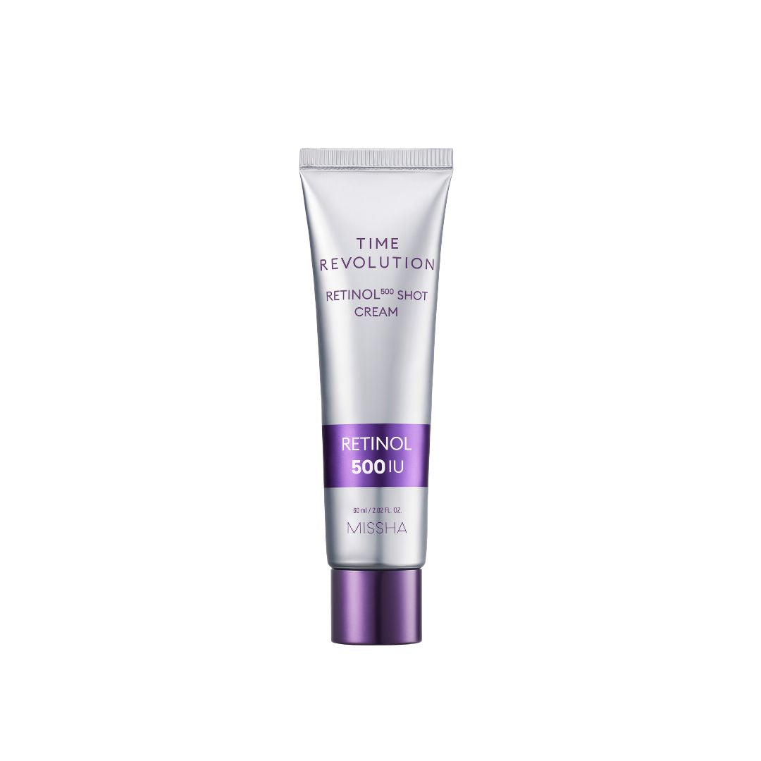 Missha Time Revolution Retinol 500 Shot Face Moisturizer in a 60ml jar, showcasing the creamy texture and luxurious packaging.