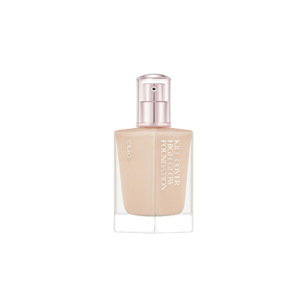 Clio Kill Cover High Glow Liquid Foundation in 38g, showing the sleek bottle with applicator and glowing finish.