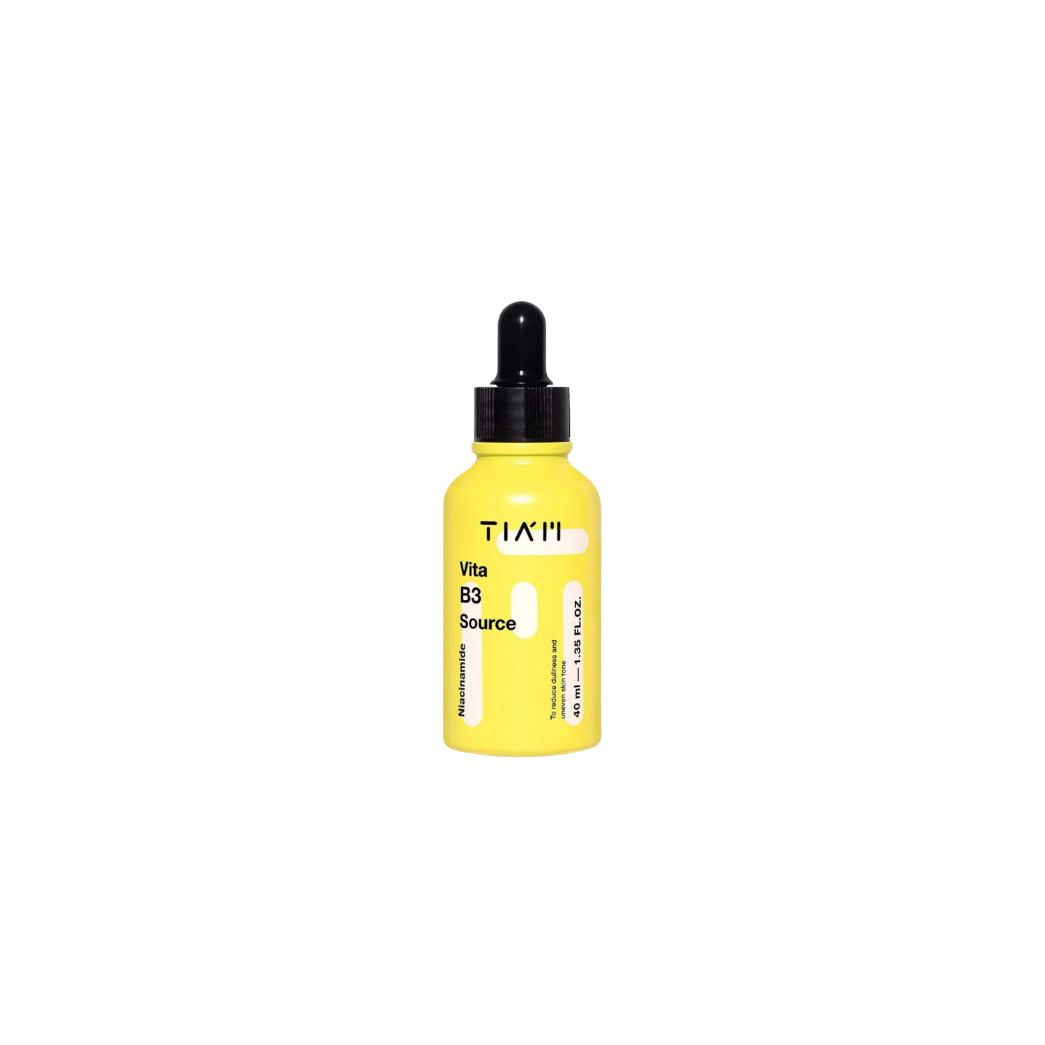 Tiam Vita B3 Source serum in a 40ml glass bottle with dropper, clear liquid inside, designed for skin brightening and hydration.