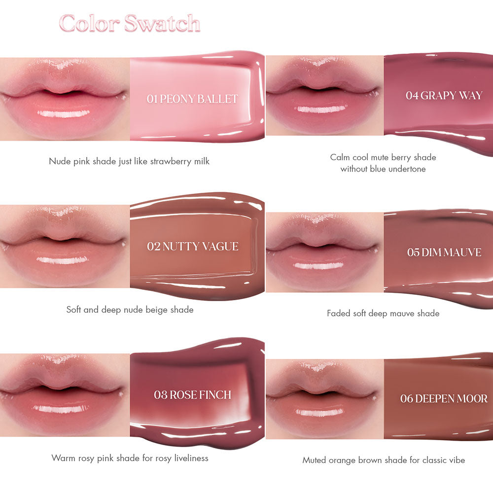 Rom&nd Glasting Color Gloss lip gloss in 8 vibrant shades, showing glossy, smooth finish on lips in a close-up image.