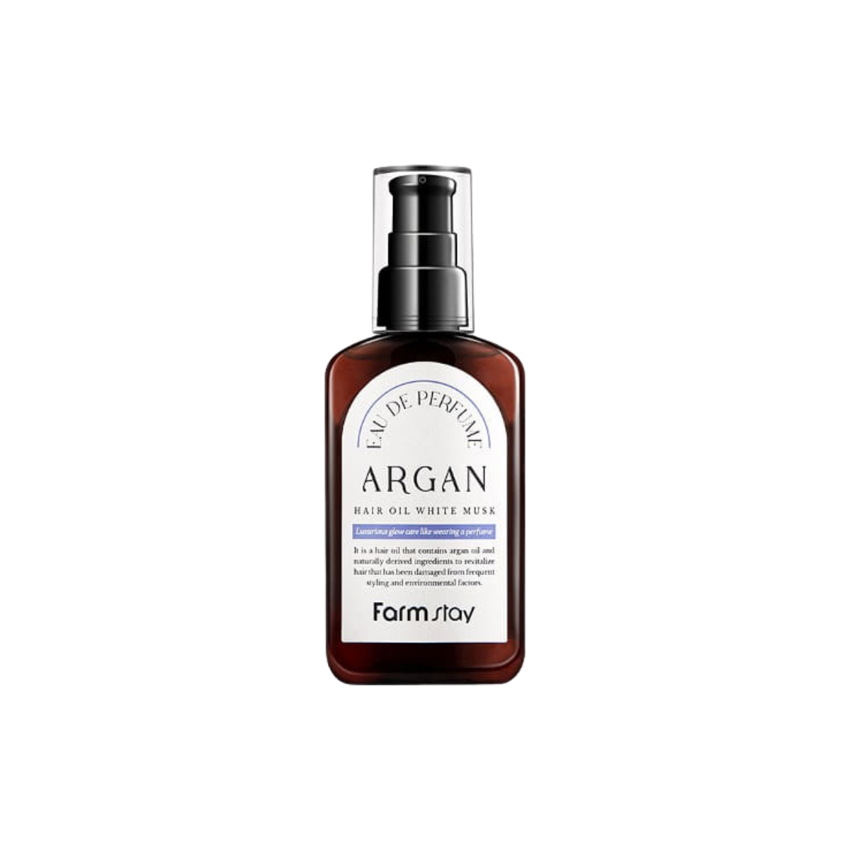 Farmstay Argan Hair Oil and White Musk Eau De Perfume, 100ml, with conditioner and treatment benefits, displayed in a sleek bottle.