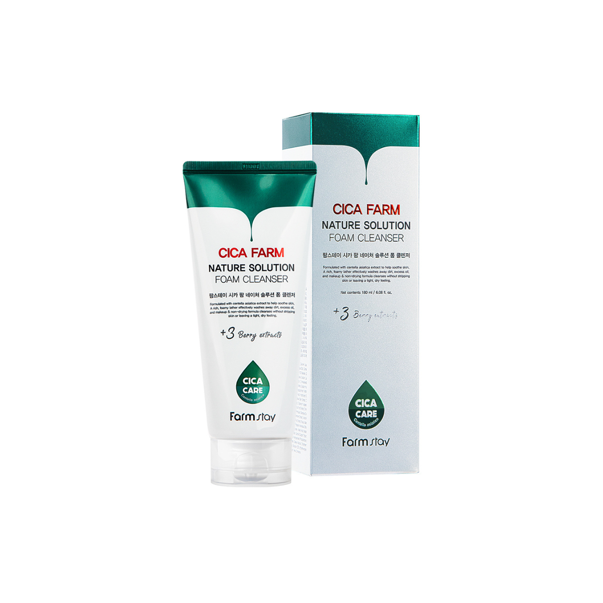 Farmstay Cica Farm Nature Solution Foam Cleanser in 180ml, gentle gel and foam cleanser for soothing skin.