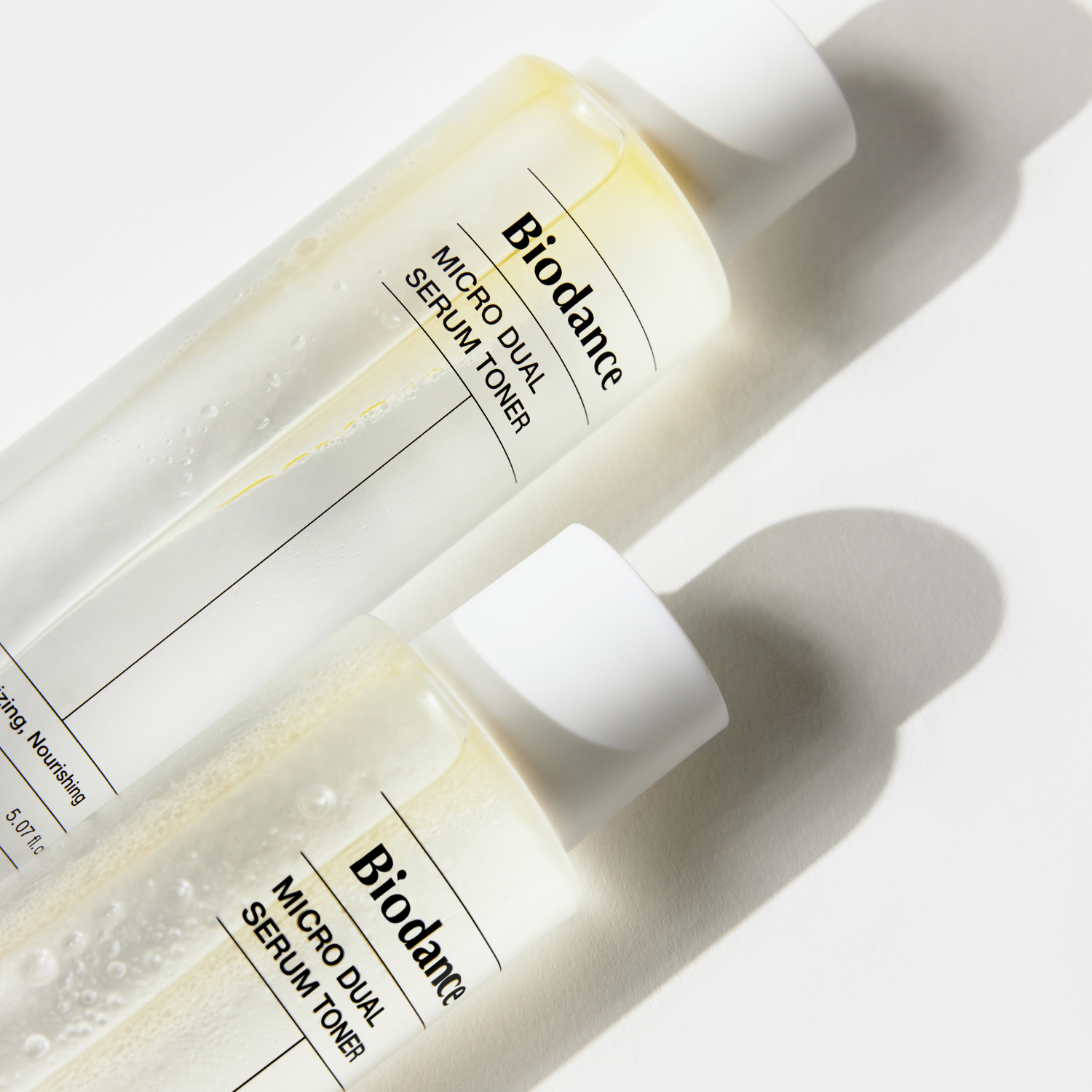 Biodance Micro Dual Serum Toner 150ml bottle with clear liquid and pump dispenser, suitable for skincare routine.