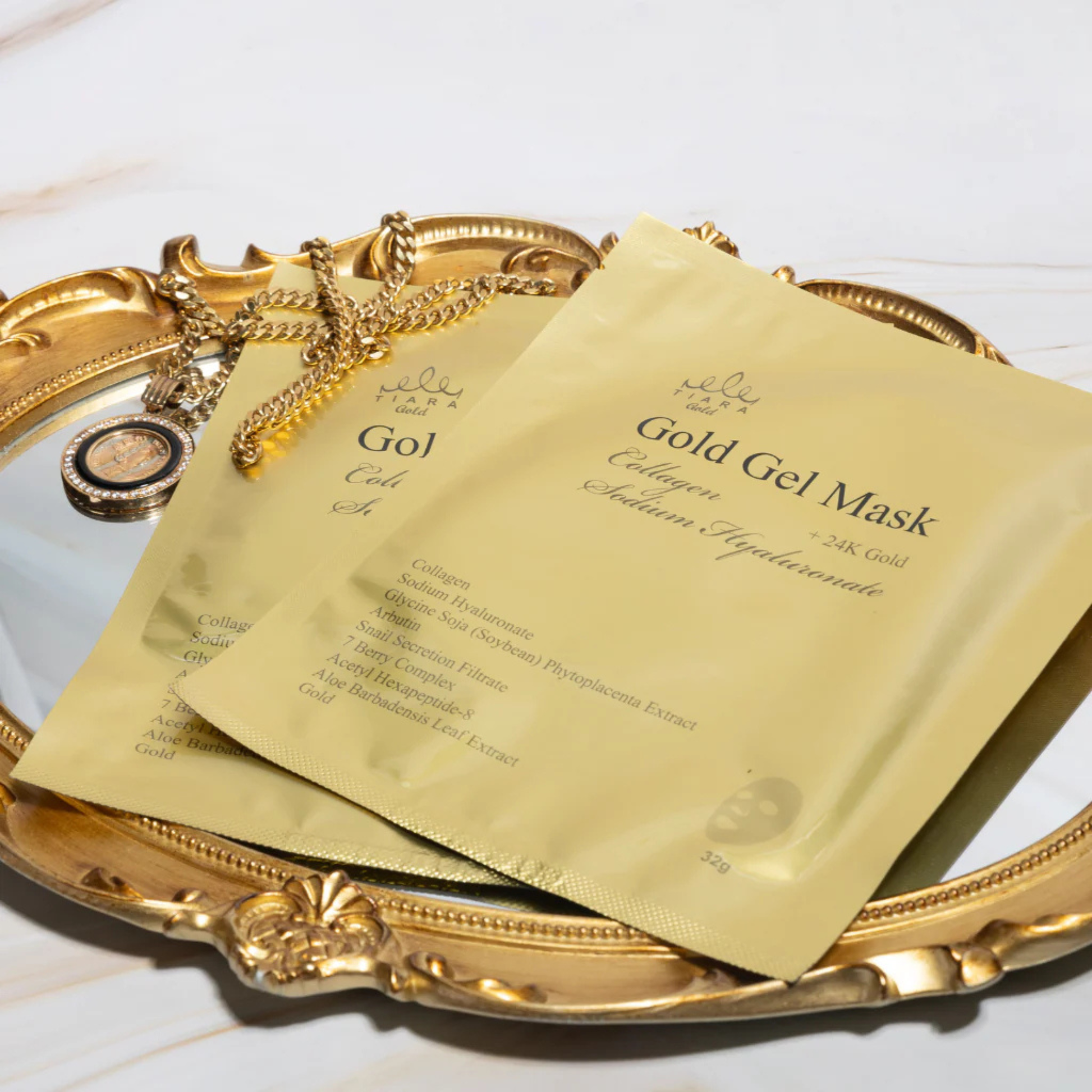 Tiara Gold 24K Gold Gel Mask sheet mask with gold accents, designed for facial skincare and hydration.