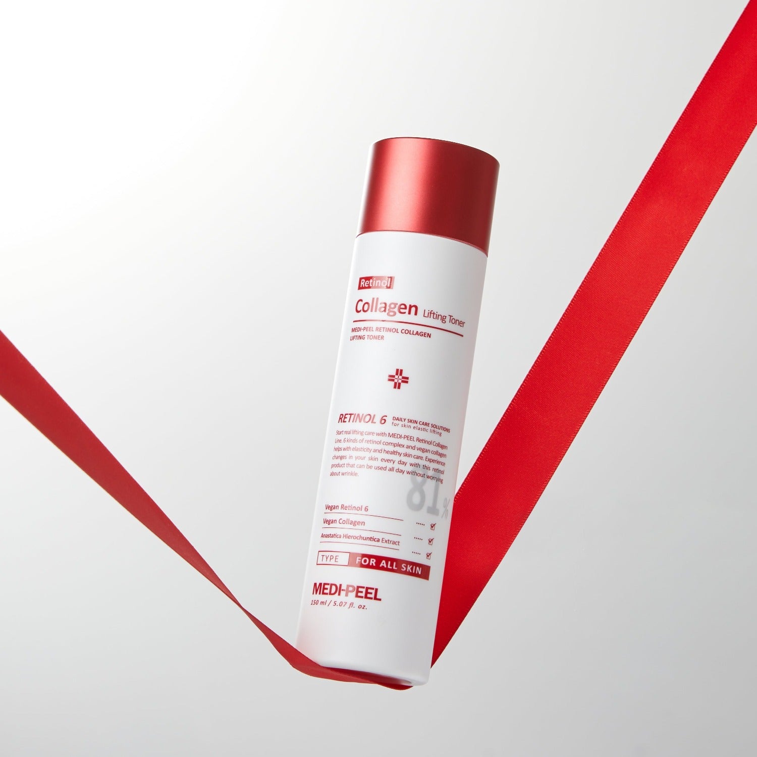 MEDIPEEL+ Retinol Collagen Lifting Toner in 150ml bottle, showing clear liquid and product label on the bottle.