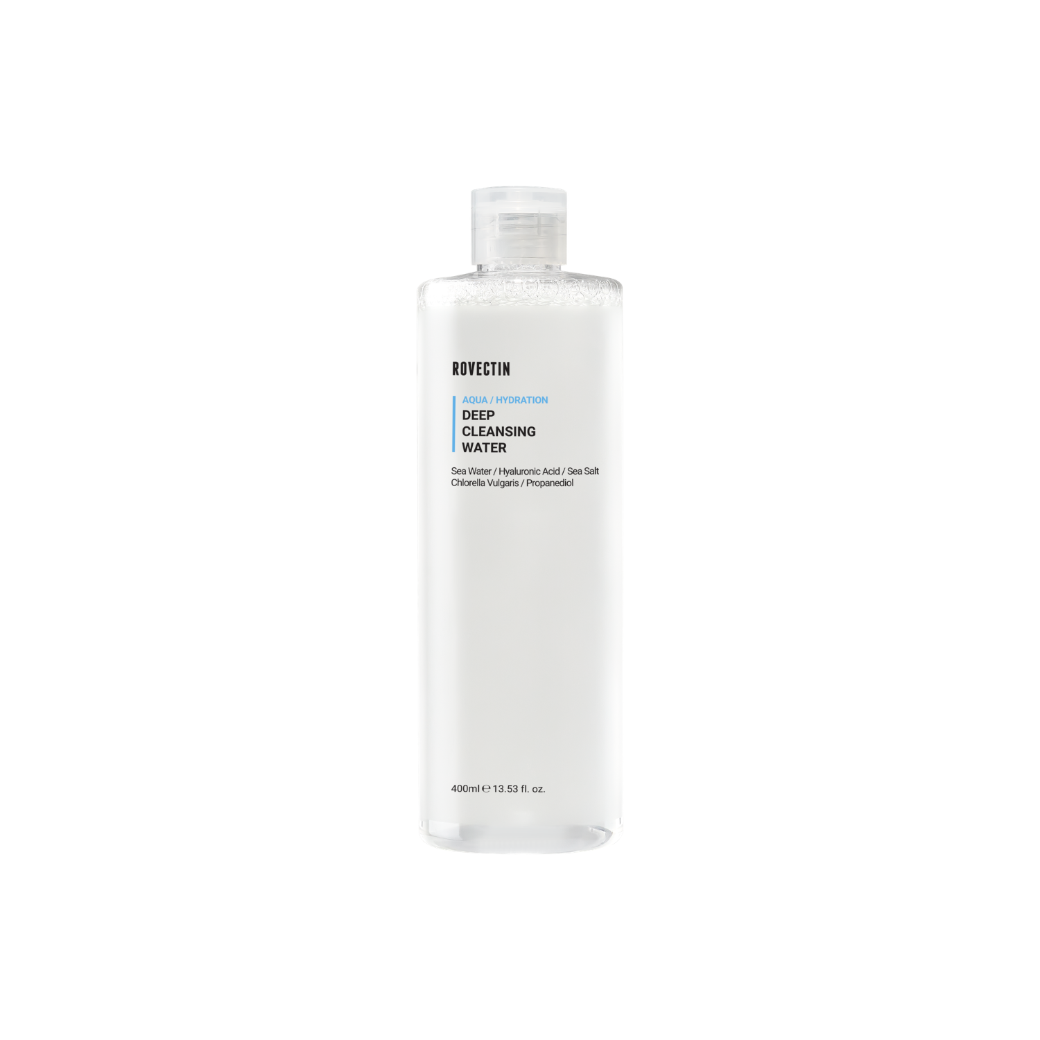 Rovectin Aqua Deep Cleansing Water gel and foam cleanser bottle, 400ml, with clear label and pump dispenser.