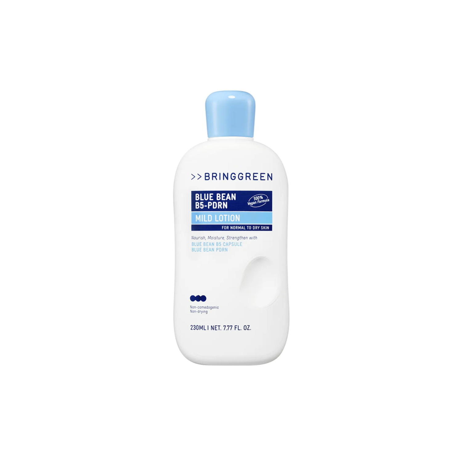 Bring Green Blue Bean B5-PDRN Mild Lotion face moisturizer in 230ml bottle, shows a blue and white tube with product label.