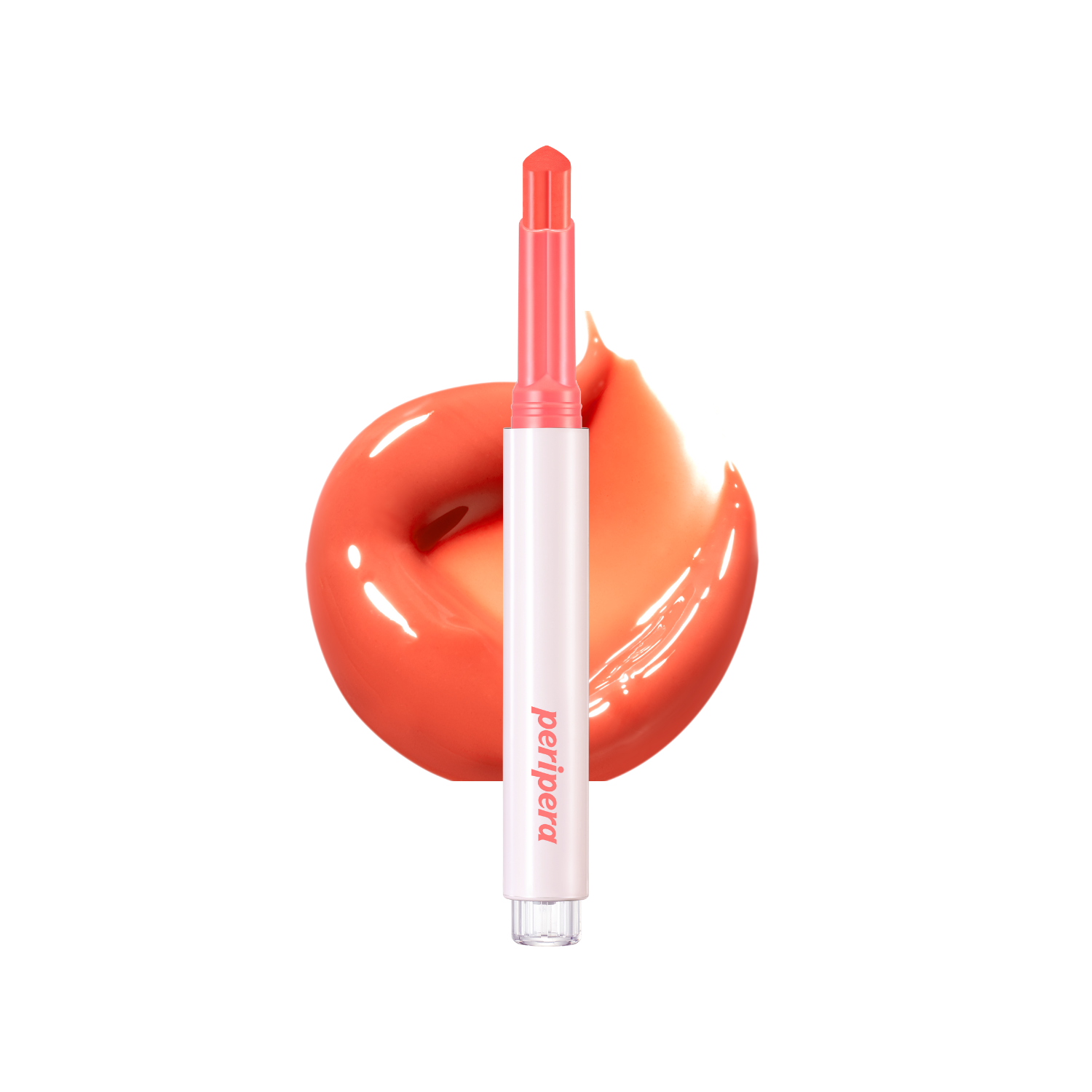 Peripera Heart Jam Glow Lipstick in a vibrant pink shade, showing the smooth, glossy lipstick bullet with heart-shaped packaging details.