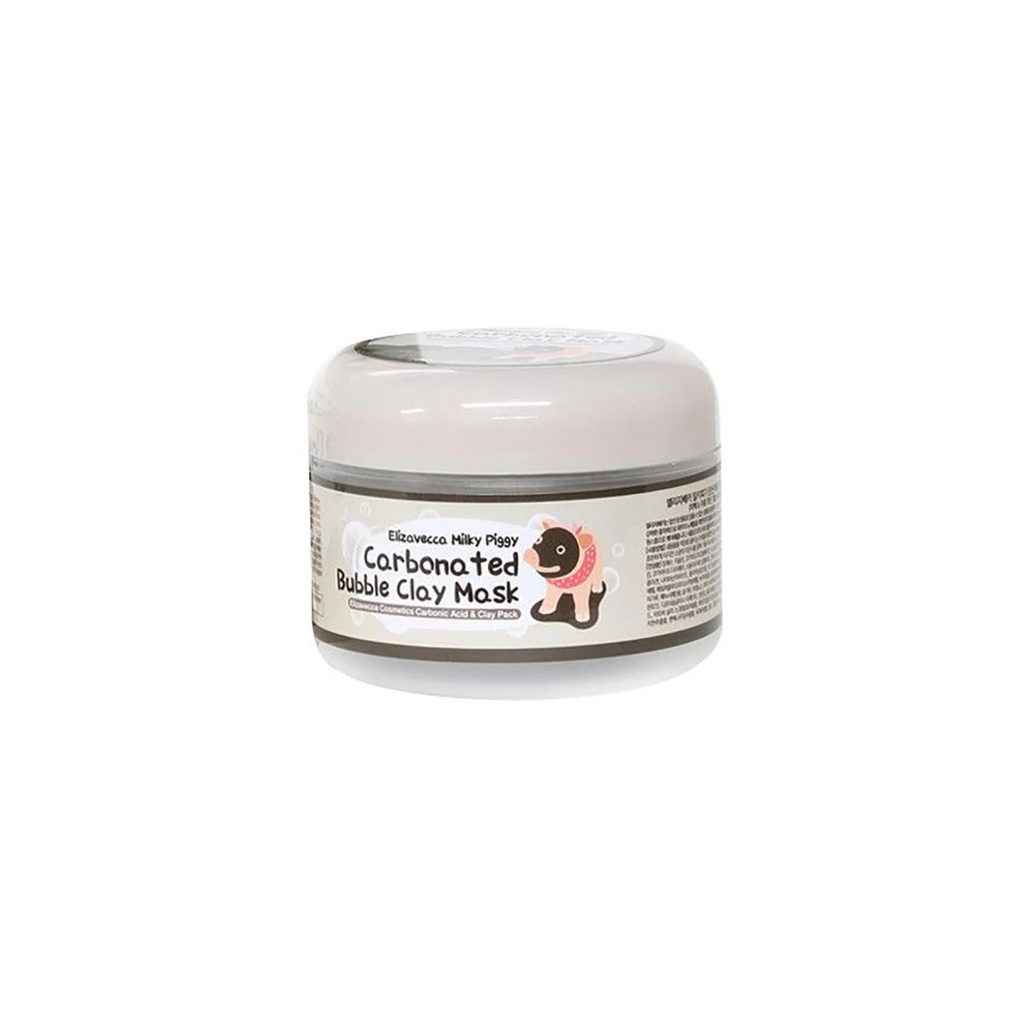 Elizavecca Milky Piggy Carbonated Bubble Clay Mask in a 100g jar with the mask applied, showing foaming bubbles on the face.