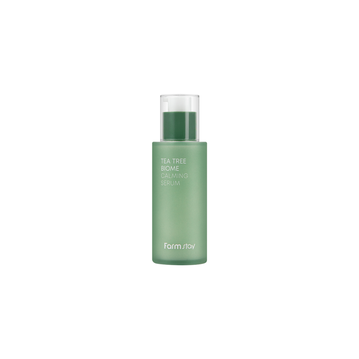 Farmstay Tea Tree Biome Calming Serum in a 50ml bottle, featuring a clear glass container with a white pump dispenser.