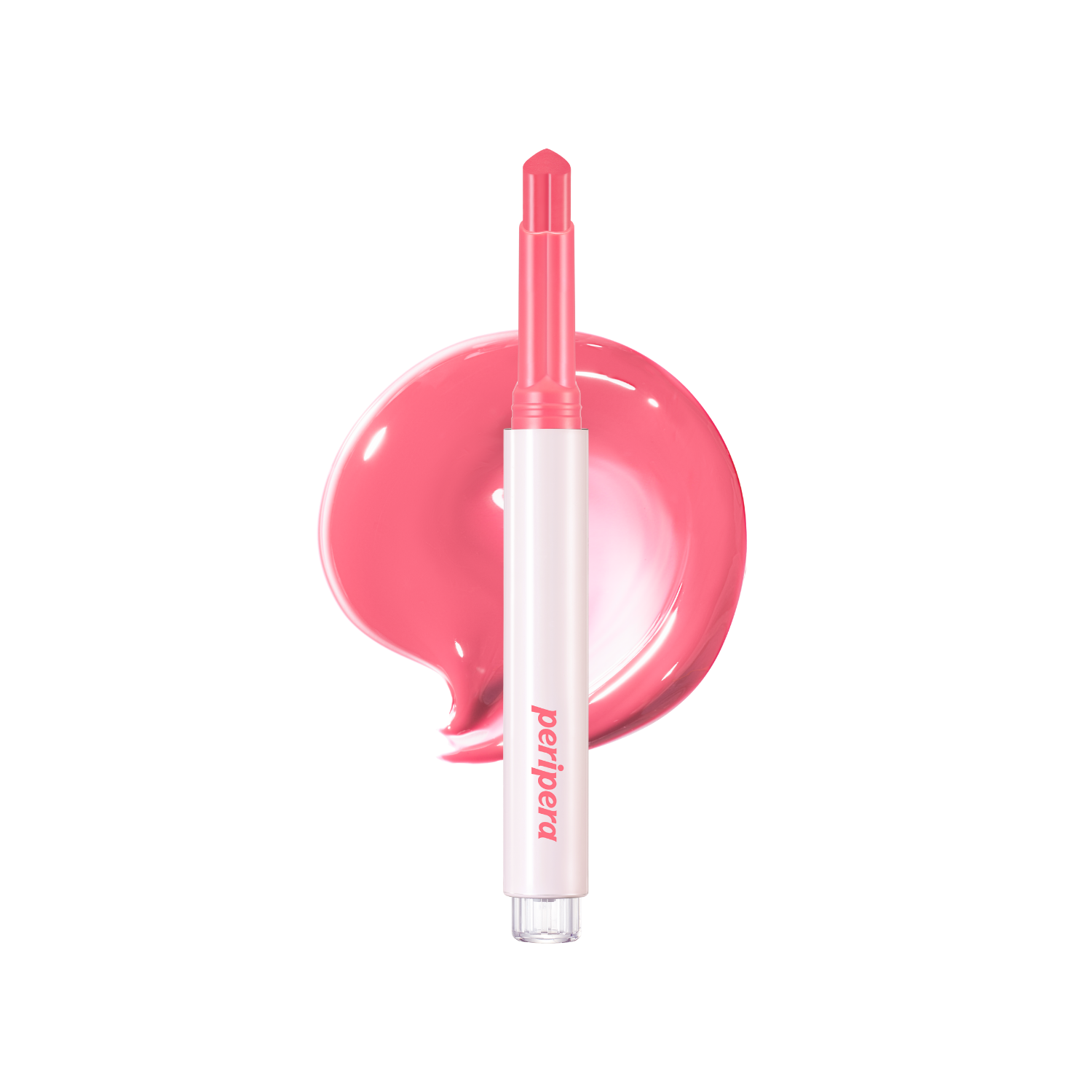 Peripera Heart Jam Glow Lipstick in vibrant pink shade, with a smooth, glossy finish and heart-shaped packaging.