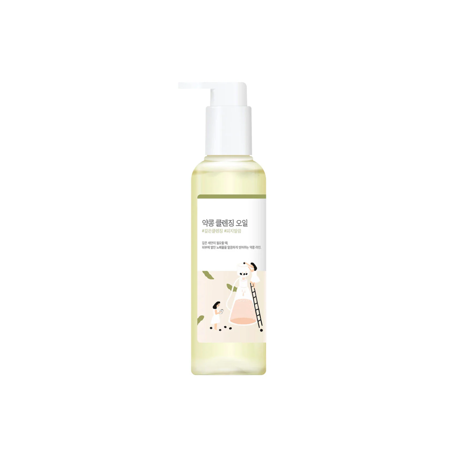 Round Lab Soybean Nourishing Cleansing Oil 200ml in a clear bottle with a pump dispenser, showing the oil's smooth texture.