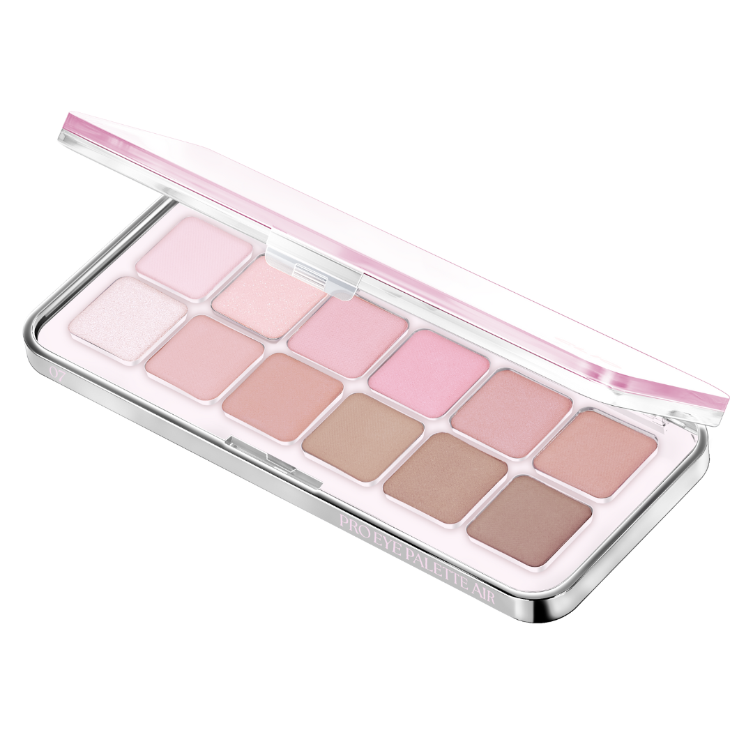 Clio Pro Eye Palette Air eyeshadow palette with neutral and shimmer shades, featuring a sleek compact design.