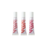 Unleashia Non Sticky Dazzle Tint lip tint in three vibrant colors, showcasing smooth, glossy application on lips.