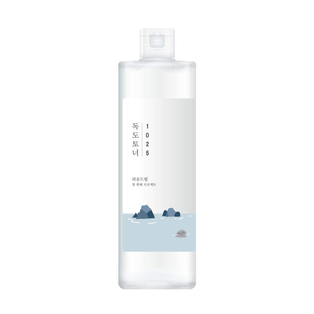 Round Lab Dokdo Toner bottle, 200ml or 500ml, with clear label, transparent lid, and minimalist design on white background.