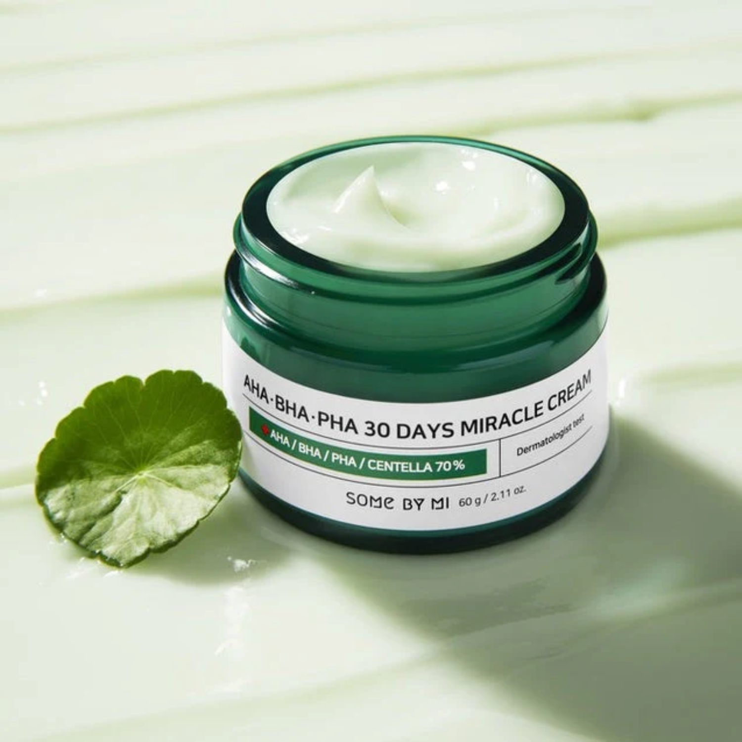 Some By Mi AHA BHA PHA 30 Days Miracle Face Moisturiser in 60g jar, showing the cream's smooth texture and packaging.